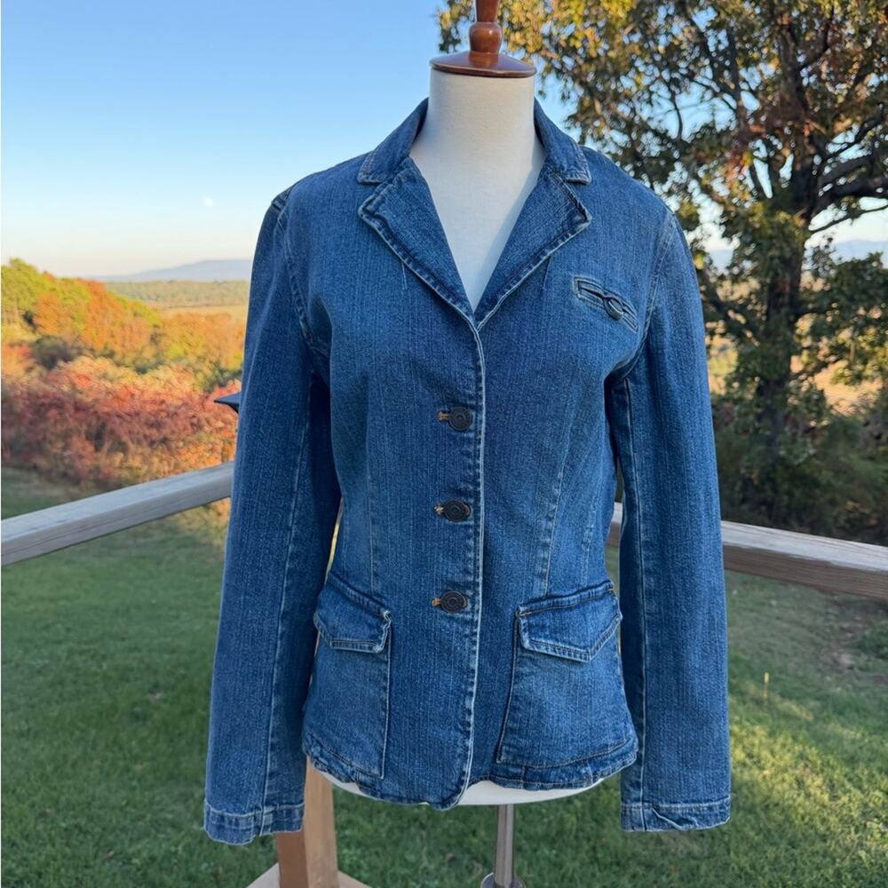 New York & Company Medium Wash Denim Blazer Jacket 3-Button Women’s Size 4